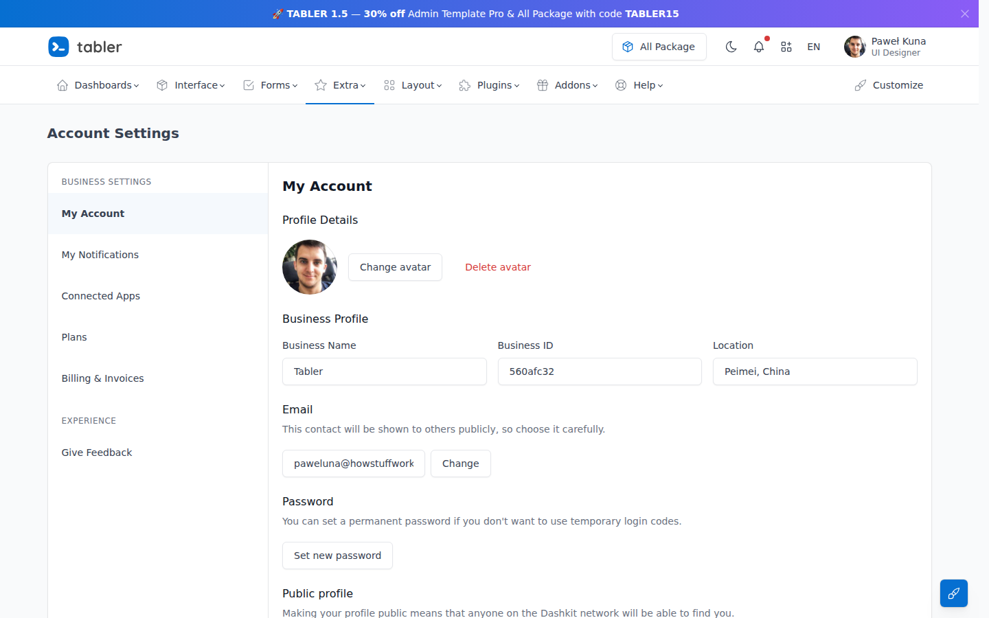 Tabler account settings page with left menu